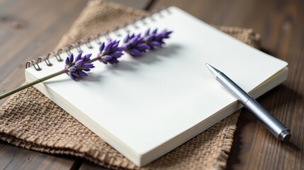 A blank spiral notebook rests on burlap, adorned with a sprig of lavender and a metallic pen, ready for quiet contemplation and creative expression.