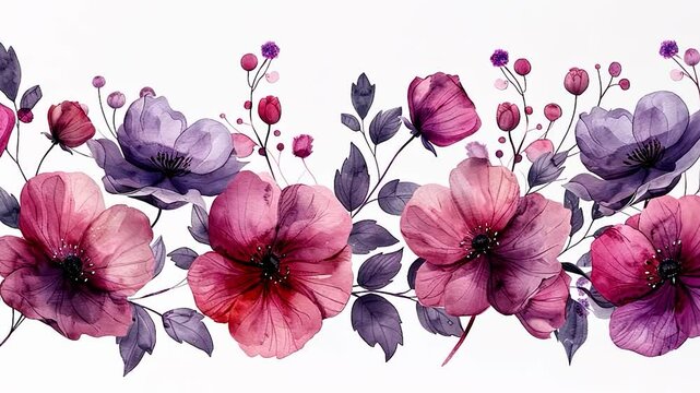 Delicate floral border with mauve and rose blooms.  Watercolor style, soft and romantic
