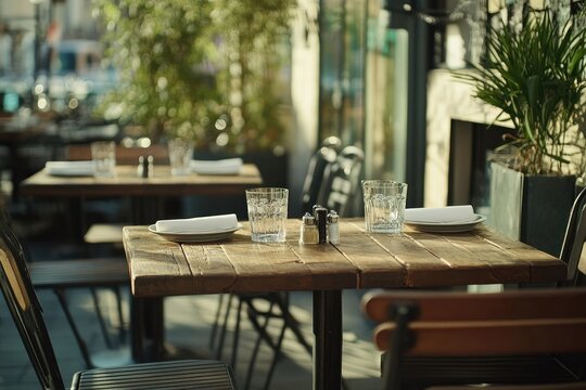 Outdoor cafe tables, empty, sunny day - Powered by Adobe