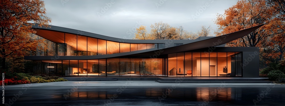Poster breathtaking architectural rendering showcasing a contemporary glass and angular building design wit