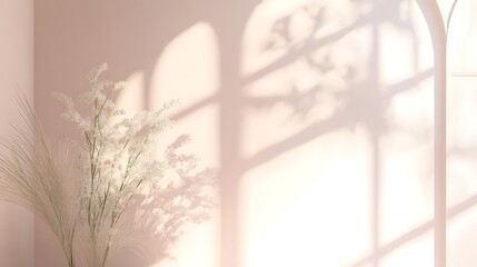 Shadows of plants are cast upon a pale pink wall