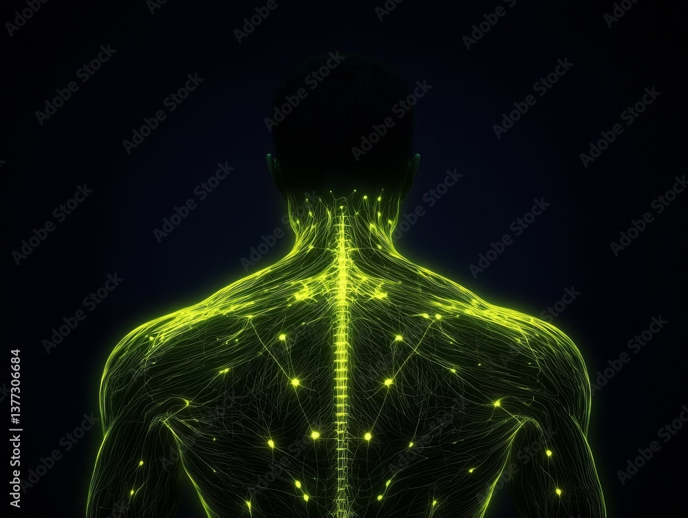 Poster a glowing representation of a human spine and nervous system, showcasing luminous neural pathways ag