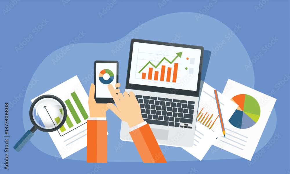 Poster business data analytics design. business finance investment concept. report graph dashboard infomation. flat vector illustration.
