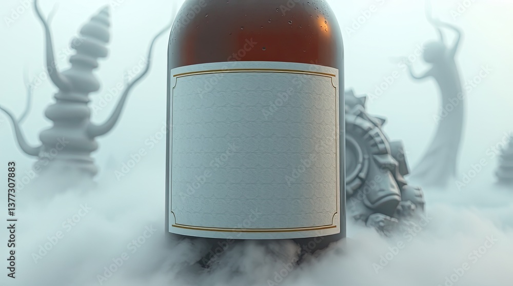 Poster a bottle sits above fog within a mysterious and surreal landscape