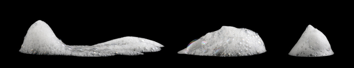 white foam soap isolated on a black background. concept of shampoo bubble, suds texture bathtub. shaving cream gel, bath lather. foam bubble
