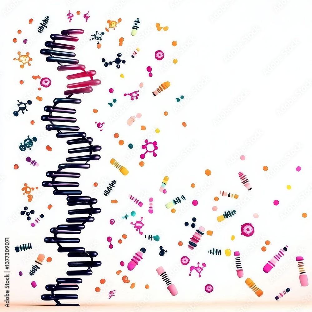 Poster a vibrant art piece featuring a dna strand intertwined with colorful abstract shapes, creating a dyn