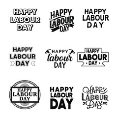 A collection of black and white Happy Labour Day vector silhouette typography designs featuring various styles, decorative elements, and hammer icons. Perfect for banners, posters, and celebrations.