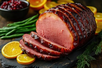 Sliced glazed ham on a dark board, garnished with oranges and cranberries