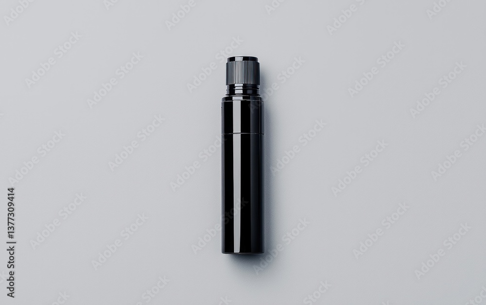 Poster black cylindrical container on gray background. minimalist product shot with simple composition and 