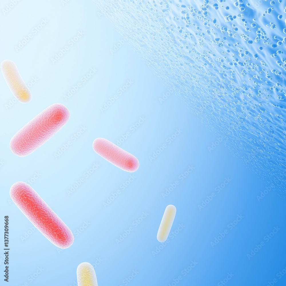 Poster a microscopic view of colorful bacteria floating in a fluid, showcasing their diverse shapes and vib