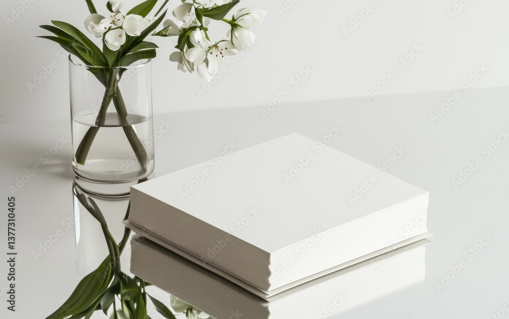Poster white textured square box with subtle pattern sits on reflective surface next to a glass vase with w