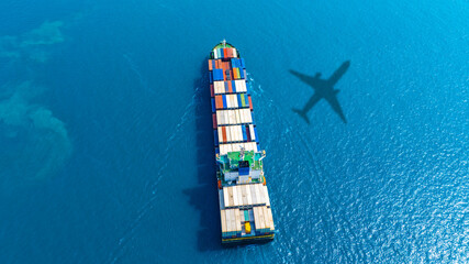 Aerial view of the freight shipping transport system cargo ship container. international...