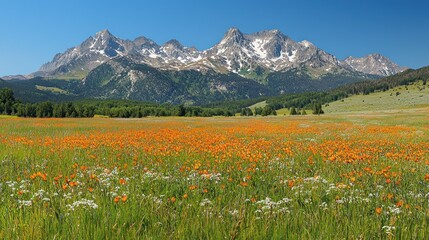 Wyoming Meadow with Mountain Range and Wildflowers