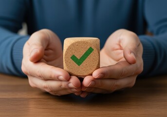 Success and Approval Concept with Hand Holding a Block Featuring Green Check Mark for Achievement and Validation