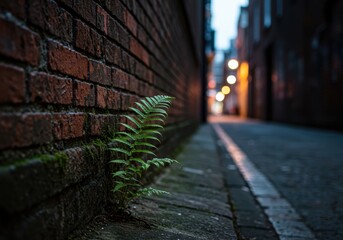 Urban Resilience Concept with Fern Growing in Narrow Alley, Symbolizing Hope, Nature's Persistence, and Life in Harsh Environments