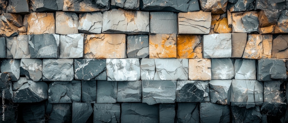 Poster a textured wall made of various stone blocks, showcasing a mix of colors and patterns, creating a vi