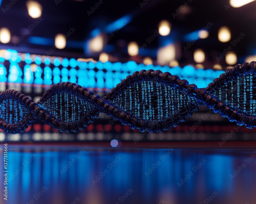 Poster a futuristic representation of dna strands intertwined with binary code, illuminated by blue lights,