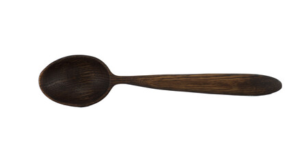 Isolated on white, a rustic dark wooden spoon showcases its handcrafted details and natural grain.