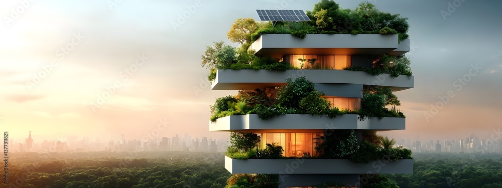 Poster conceptual design for a futuristic energy efficient apartment tower featuring a modular construction