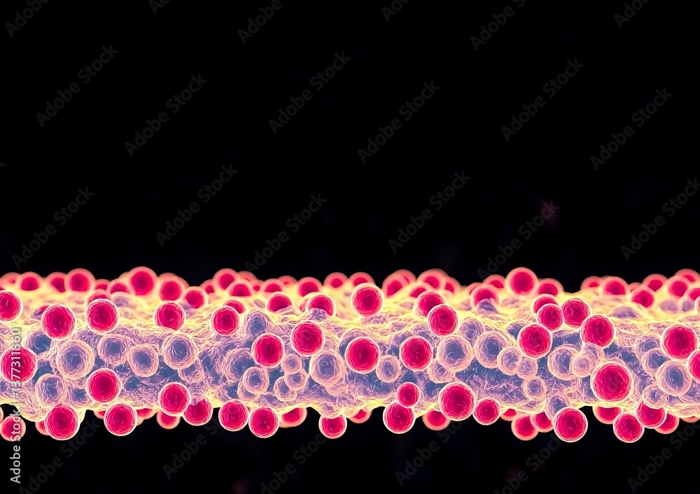 Poster a vibrant microscopic image showing a structure with numerous colorful spheres, representing molecul