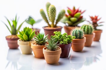 Obraz premium Miniature Garden Plants: Isolated Set of Diverse Potted Herbs and Flowers on White