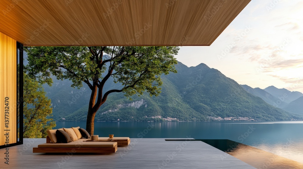 Aufkleber serene retreat: a modern residence with lake view that showing the integration of architecture and n