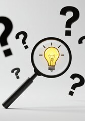 Exploration and Insight Concept with Magnifying Glass and Yellow Lightbulb, Surrounded by Black Question Marks, Representing Idea Search and Problem Solving