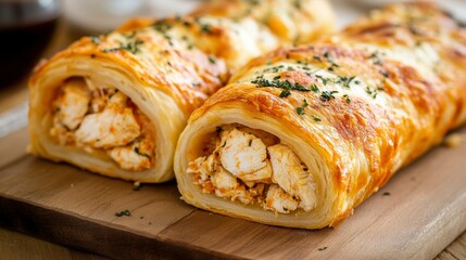 Golden Brown Chicken Pastry Roll Filled with Juicy Chicken and Herbs Perfect for Appetizers and Party Snacks