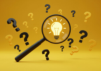 Creative Problem Solving Concept with Magnifying Glass Highlighting Lightbulb and Floating Question Marks Representing Ideas and Answers