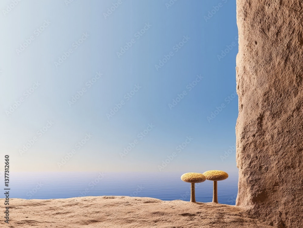 Aufkleber a serene landscape featuring two mushroom-like structures against a backdrop of calm water and a cle