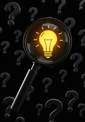 Bright Idea Concept with Magnifying Glass Focusing on Lightbulb Surrounded by Question Marks, Symbolizing Problem Solving and Creative Thinking
