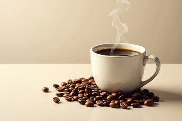 Aromatic coffee steaming in a mug nestled amongst roasted beans on a neutral surface