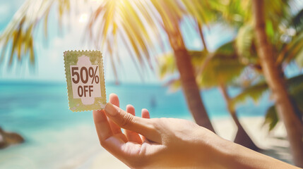 Golden ticket with discount offer placed on tropical beach, concept of exclusive travel deals and vacation promotions, copy space for text and marketing message.