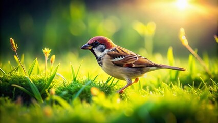 Naklejka premium Miniature Sparrow Foraging for Worms in Grass Field - Tilt-Shift Photography