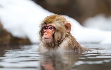 Fototapeta premium Close-up of a wet monkey sitting in a natural hot spring, snow in the background. The monkey has reddish-brown fur and appears relaxed. 