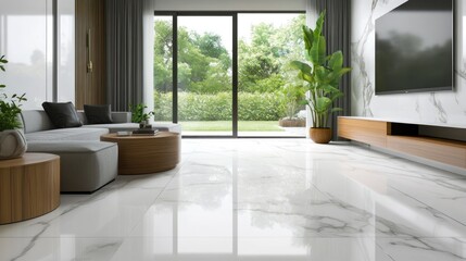 3D rendering of a modern living room with a white marble floor and a TV mounted on the wall.