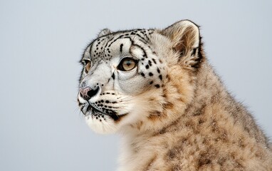 Fototapeta premium Close-up of a snow leopard's head and shoulders against a light gray background. The leopard's fur is thick and textured, showing variations of light beige, gray, and brown. Its gaze is directed to