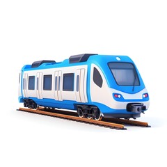 Modern Blue Electric Train on Tracks Isolated White Background