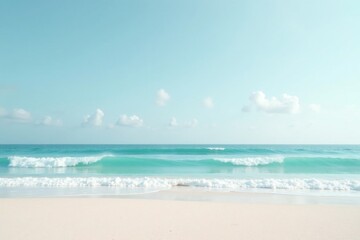 Fototapeta premium Serene Coastal Scene Tranquil Ocean Waves Gently Rolling onto a Pristine Sandy Shore Under a Calm Blue Sky with Fluffy White Clouds
