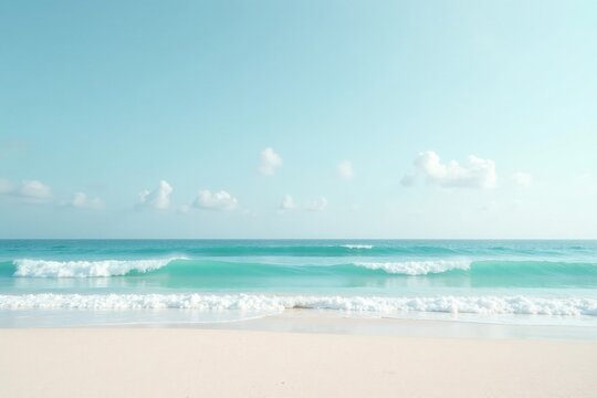 Serene Coastal Scene Tranquil Ocean Waves Gently Rolling onto a Pristine Sandy Shore Under a Calm Blue Sky with Fluffy White Clouds