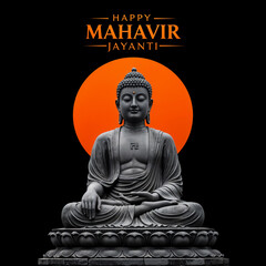 Mahavir Jayanti Buddha Statue with Glowing Orange Sun on Black Background