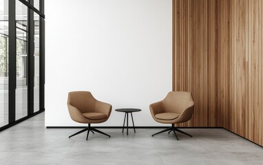 Two tan armchairs face each other across a small black table in a modern minimalist waiting area.  The room features a white wall, wood paneling, and a polished concrete floor. Large windows are