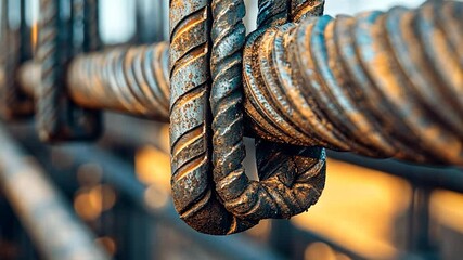 Close-up of rusty rebar tied together at construction site