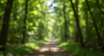 Obraz premium Sun-Dappled Forest Path: Dreamlike Bokeh, Lush Green Canopy