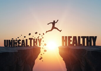 Health Transformation Concept with Person Jumping from 'Unhealthy' to 'Healthy' Over a Cliff, Symbolizing Change, Growth, and Wellness