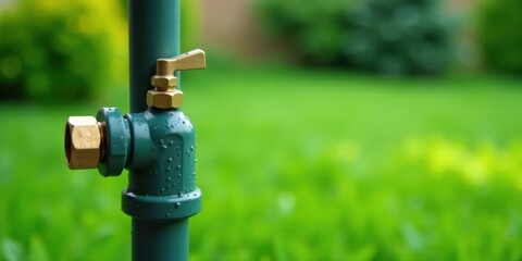 Close-up view of a water valve on a pipe, glistening with raindrops, set against a soft-focus backdrop of lush green vegetation.
