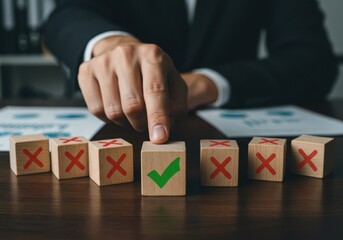 Decision Making Concept with Check and X Blocks, Representing Correct Choices, Success, and Strategic Decision Making in Business