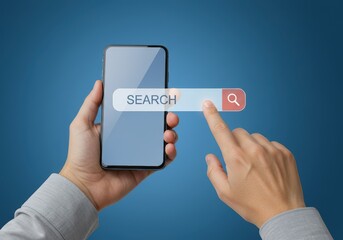 Smartphone Search Concept with Hand Clicking Search Bar, Representing Online Exploration, Mobile Search, and Information Retrieval