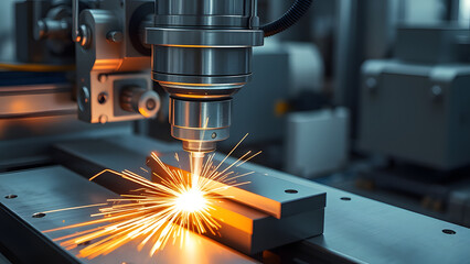 Industrial laser cutting machine in action with bright sparks visible