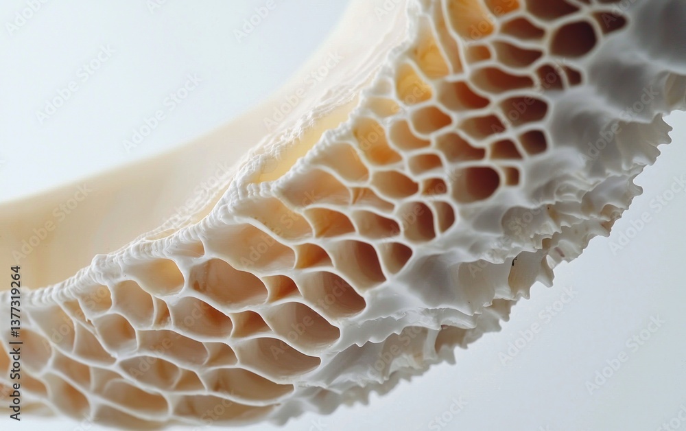 Poster close-up of a pale, off-white organic structure with a honeycomb-like texture. the piece is curved a